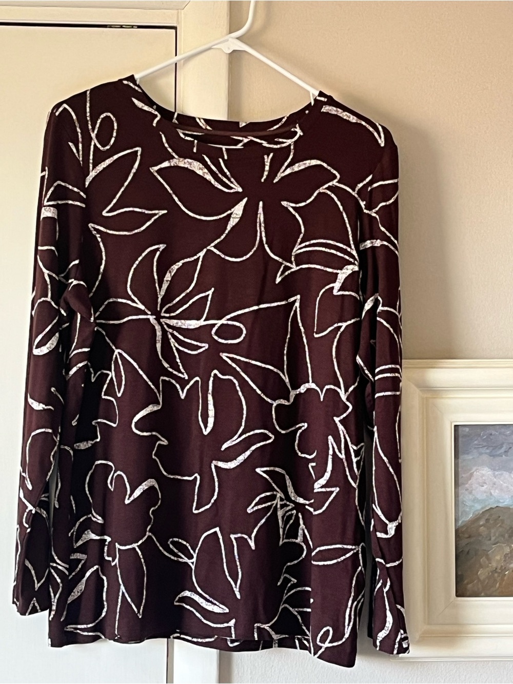 Chico's Brown Top White Abstract Floral Print 2L